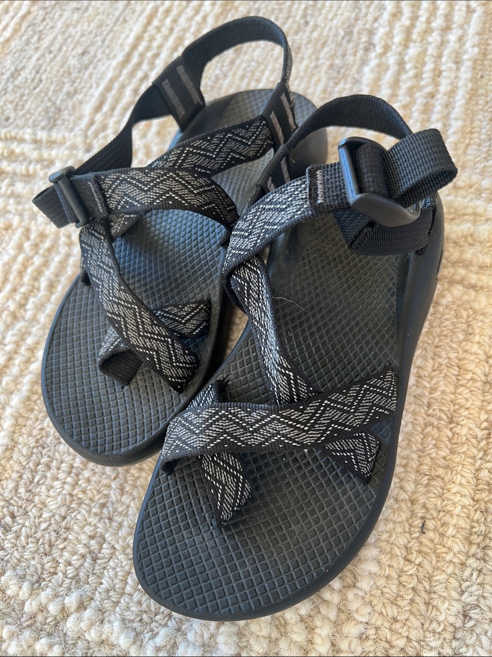 Chaco Black and Gray Patterned Strap Sandals